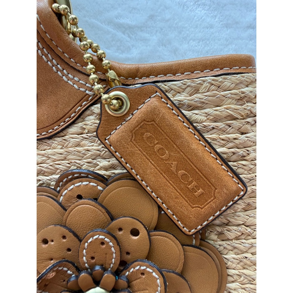 Coach Bleecker Natural Straw Tan Leather Floral Summer Bag MO0868-F13373 - Picture 5 of 16